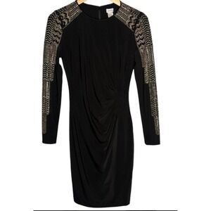 Cache Black Embellished Shoulder Long Sleeve Ruched Sheath Dress Size 14
